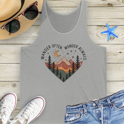 Athletic gray unisex tank top with boho-style mountain landscape enclosed within a heart shape with wander often, wander always at the top of the heart.