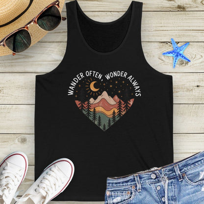 Black unisex tank top with boho-style mountain landscape enclosed within a heart shape with wander often, wander always at the top of the heart.