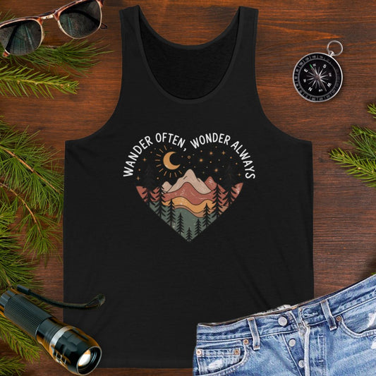 Black unisex tank top with boho-style mountain landscape enclosed within a heart shape with wander often, wander always at the top of the heart.