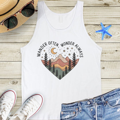 White unisex tank top with boho-style mountain landscape enclosed within a heart shape with wander often, wander always at the top of the heart.