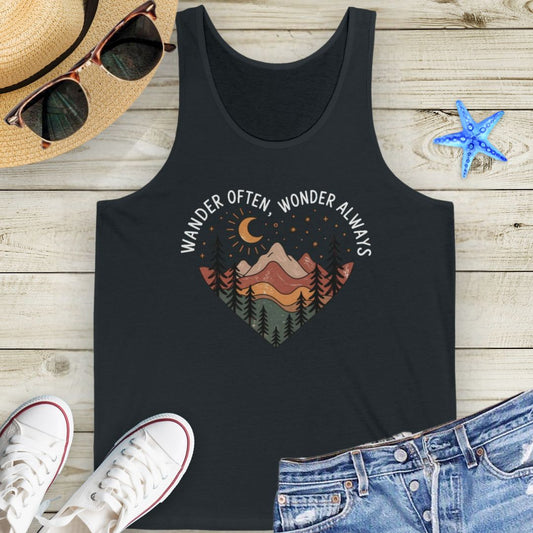 Dark gray unisex tank top with boho-style mountain landscape enclosed within a heart shape with wander often, wander always at the top of the heart.