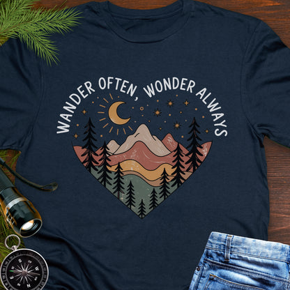 Navy Blue  Unisex t-shirt with mountain and trees in a heart shape and the phrase "Wander Often, Wonder Always".