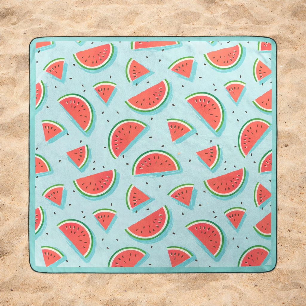 Watermelon patterned blanket with waterproof backing.