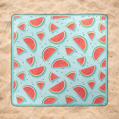 Watermelon patterned blanket with waterproof backing.