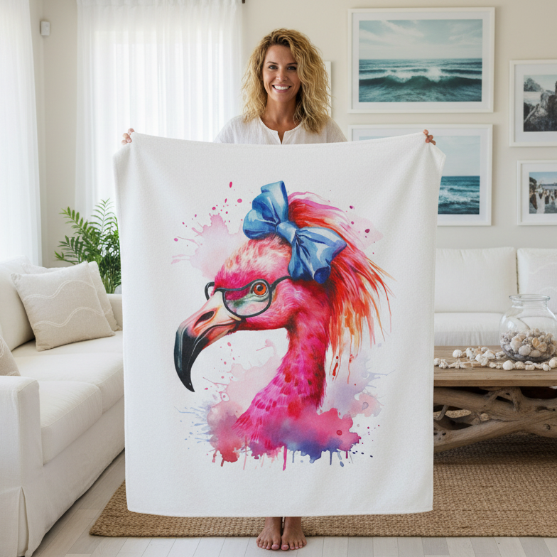 Woman holding a blanket with a colorful flamingo design in a living room.