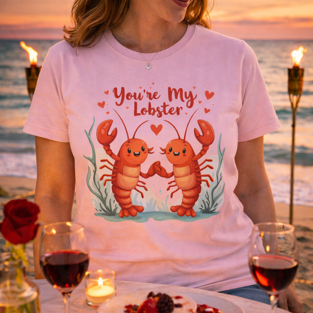 Person wearing a t-shirt with 'You're My Lobster' design on a beach at sunset.
