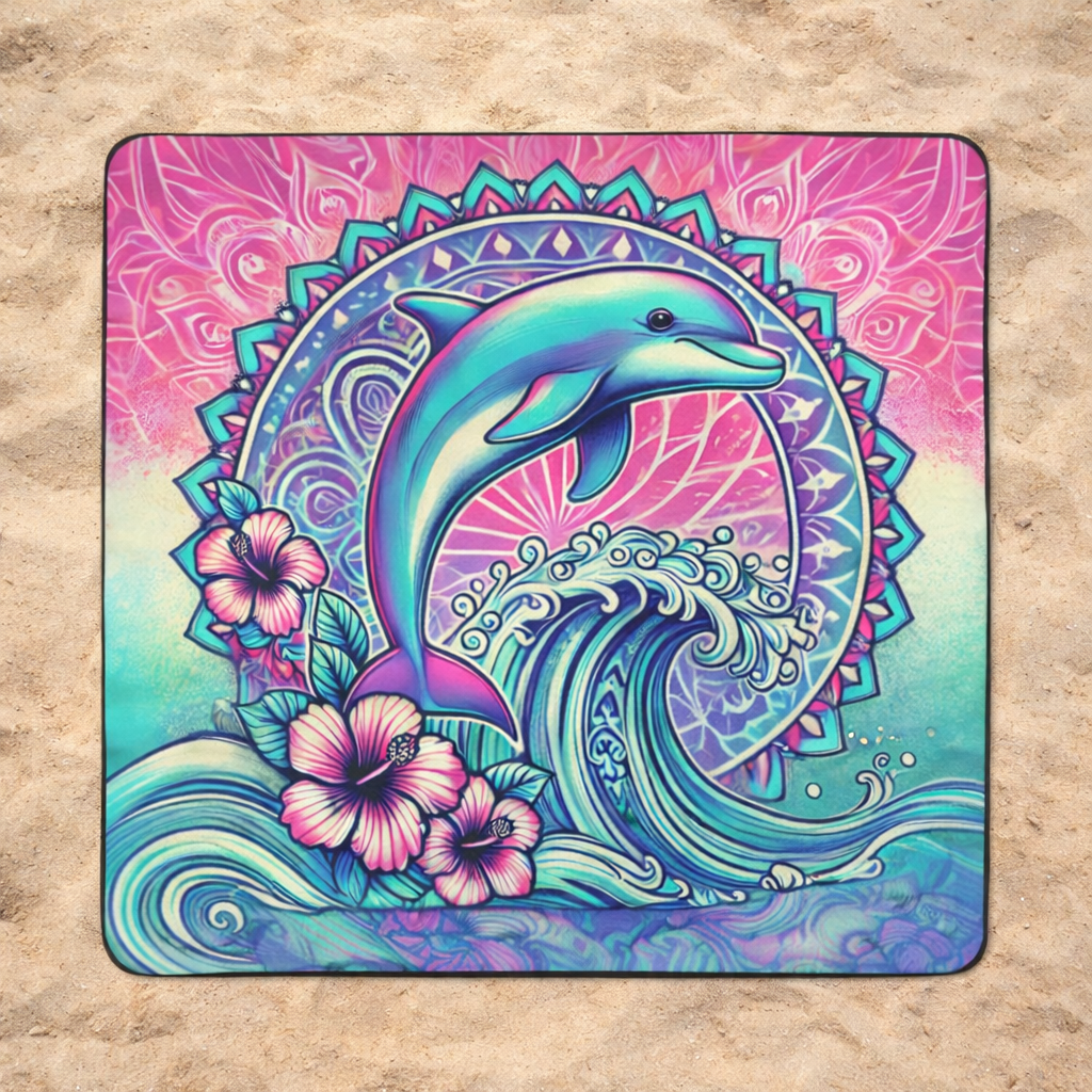Colorful outdoor beach blanket with a dolphin coming out of waves and floral design.