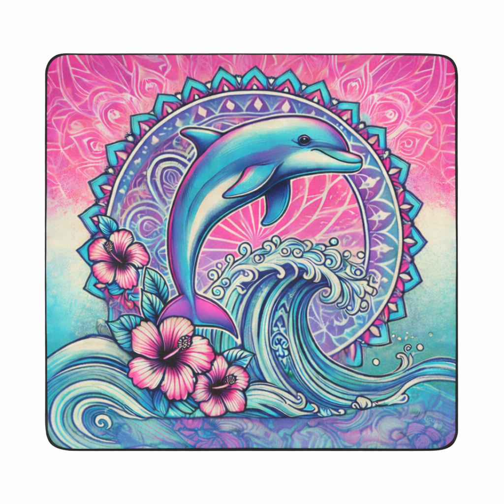 Colorful blanket with a dolphin design on a pink and blue mandala background