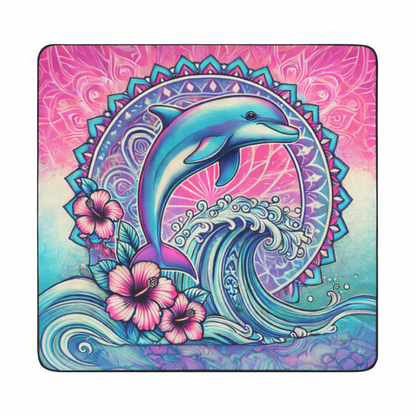 Colorful blanket with a dolphin design on a pink and blue mandala background